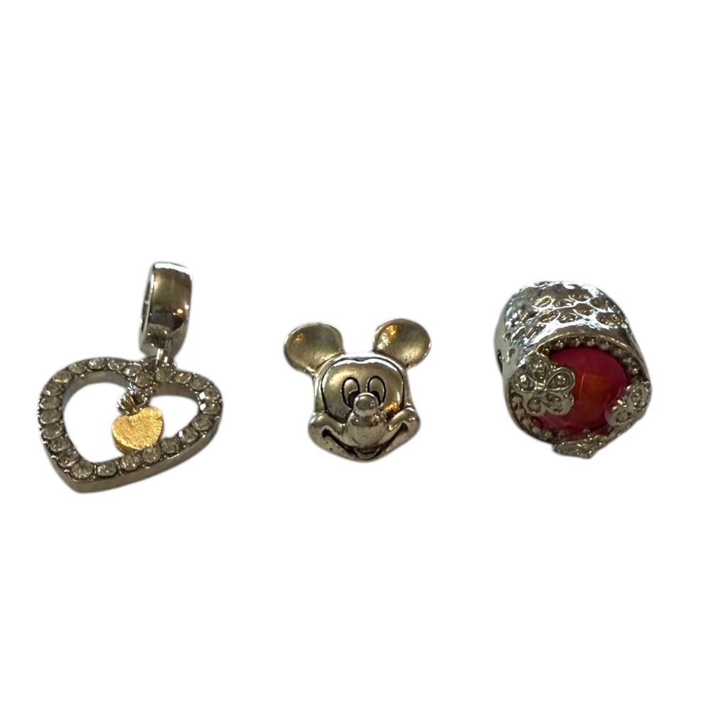 Silver Bling Heart Mouse Silver Pink Flower 3 Bracelet Charm Set NEW